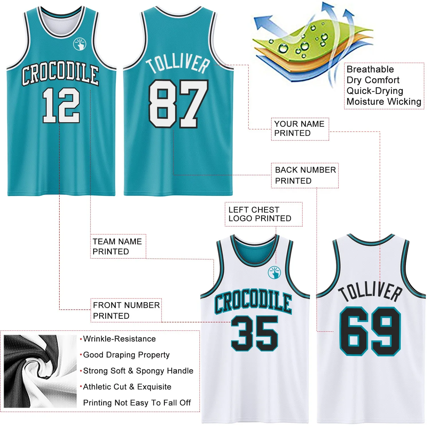 Custom Reversible Teal White-Black Double Side Basketball Jersey