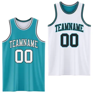 Custom Reversible Teal White-Black Double Side Basketball Jersey