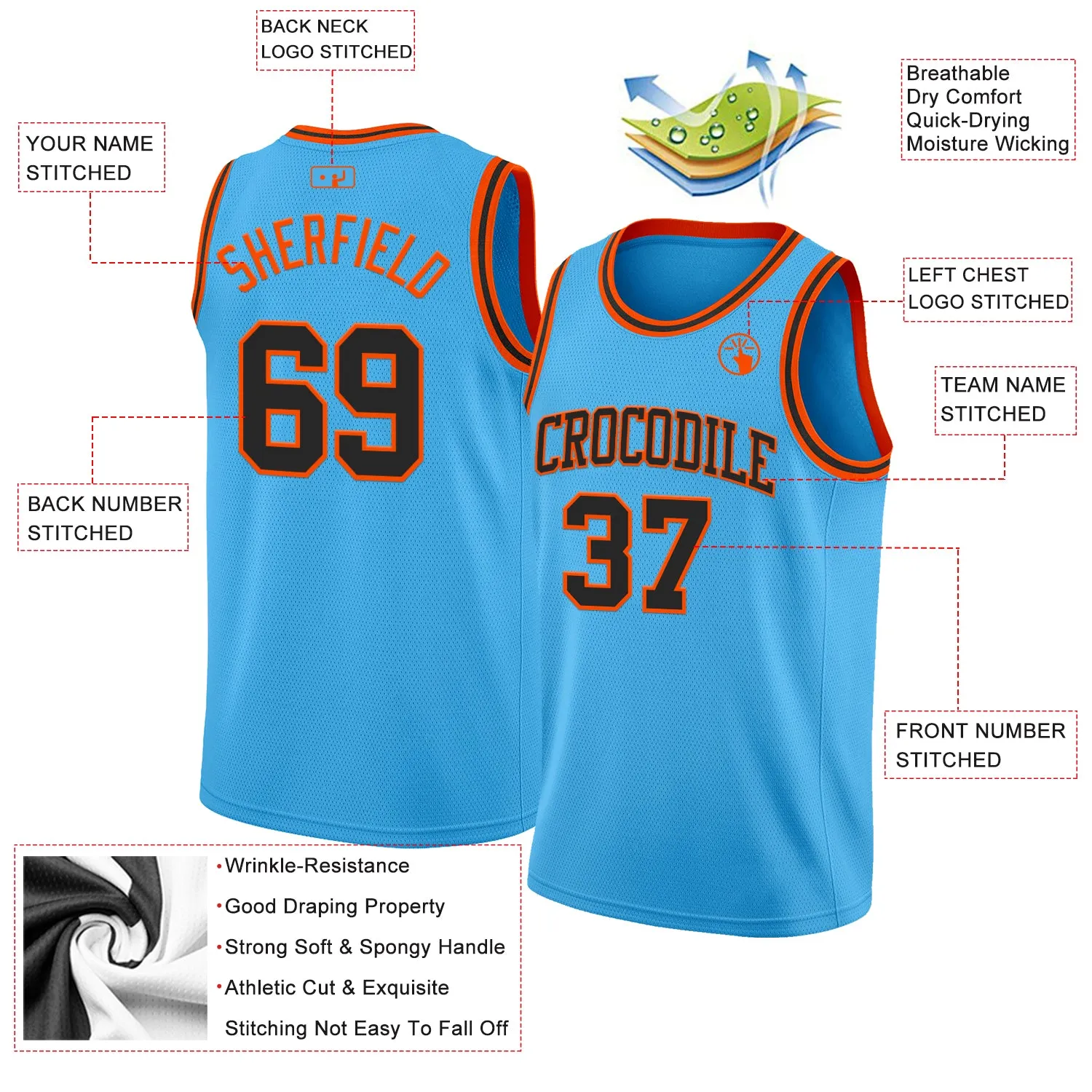 Custom Sky Blue Black-Orange Authentic Basketball Jersey