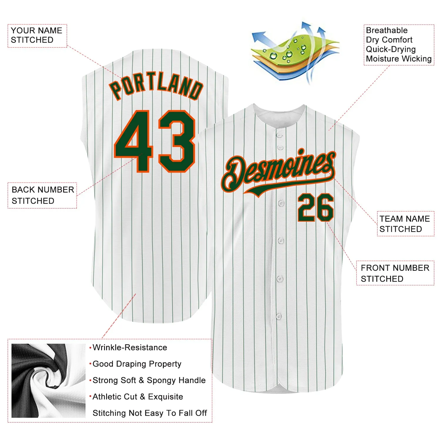 Custom White Green Pinstripe Orange Authentic Sleeveless Baseball Jersey