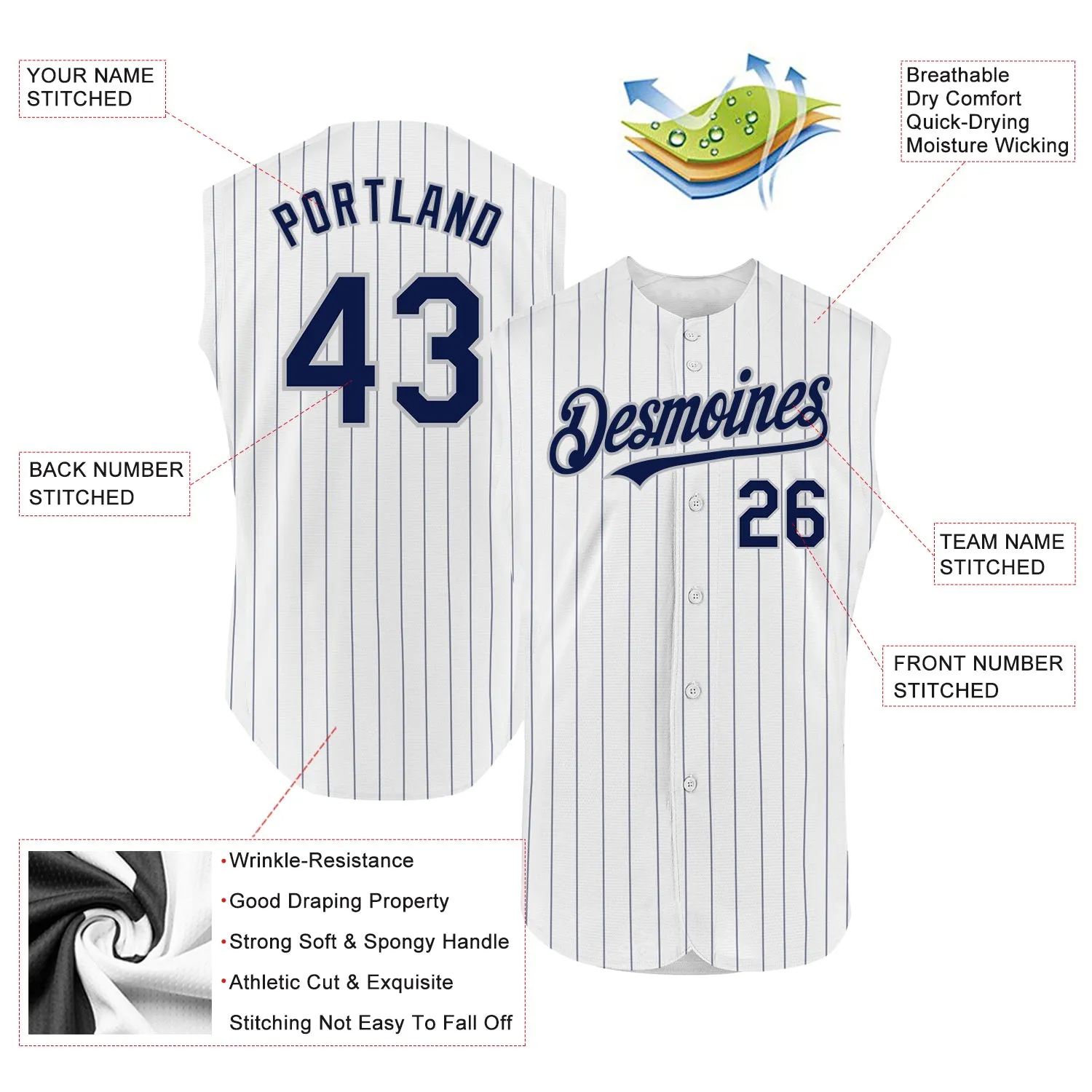 Custom White Navy Pinstripe Gray Authentic Sleeveless Baseball Jersey