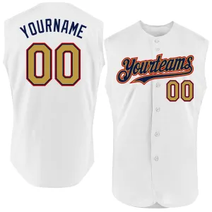 Custom White Old Gold Navy-Red Authentic Sleeveless Baseball Jersey