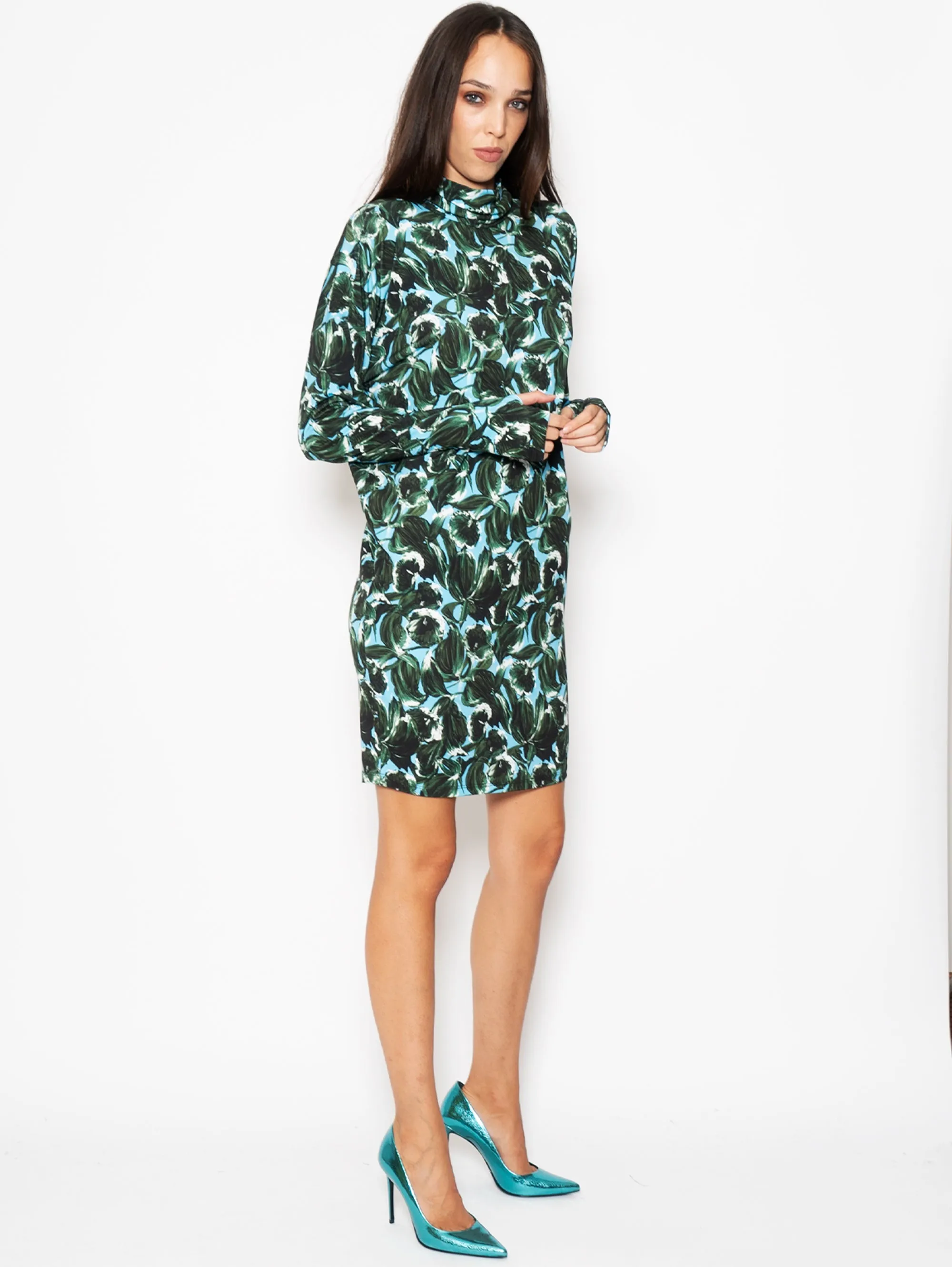 Jersey Dress with Green / Blue Floral Print