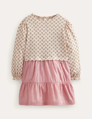 Jersey Woven Mix Dress-Almond Pink