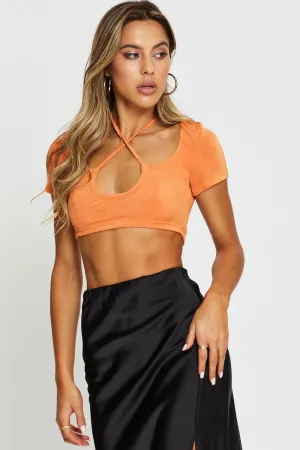 Orange Crop Top Short Sleeve Halter
