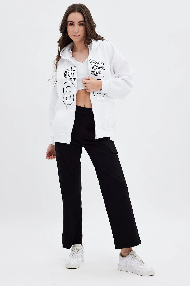 White Hoodie Zip Long Sleeve New York Embroidery